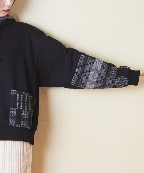 CUBE SUGAR（キューブシュガー）の「スウェット×ジャガードプルオーバーパーカー（パーカー・レディース・ブラック/カーキ/ナチュラル/ネイビー・M）」の18枚目の写真