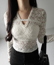me+em select(~[ZNg)́y Qcolor zVlbNXC[XgbvX ^ V-neck slimline lace tops(̑gbvX)