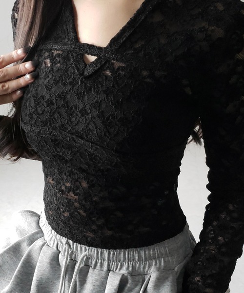 me+em select（ミームセレクト）の「※※【 ２color 】Vネックスリムラインレーストップス ／ V-neck slimline lace tops（その他トップス・レディース・ホワイト/ブラック・FREE）」の18枚目の写真