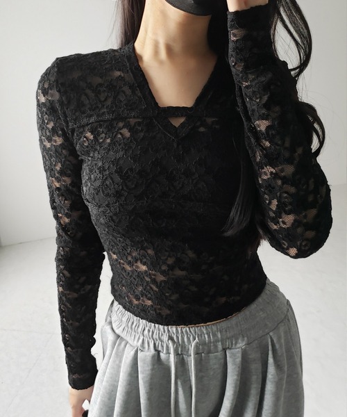 me+em select（ミームセレクト）の「※※【 ２color 】Vネックスリムラインレーストップス ／ V-neck slimline lace tops（その他トップス・レディース・ホワイト/ブラック・FREE）」の16枚目の写真