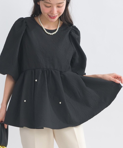 美品♡パフスリーブ　cottonデザインショートブラウス　ブルー セール】【WEB限定】パフスリーブ切り替えブラウス（Tシャツ