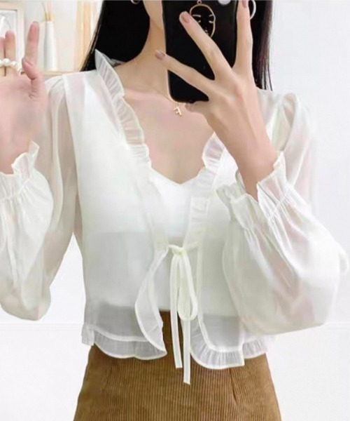 ampm(エーエムピーエム)の「フロントリボンフリルシアーカーディガン(カーディガン/ボレロ・レディース・ベージュ/ホワイト/ブルー/ピンク・M/S/L)」の7枚目の写真