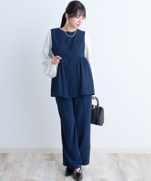 セール】ペプラムジレ×センタープレスワイドパンツ セットアップ