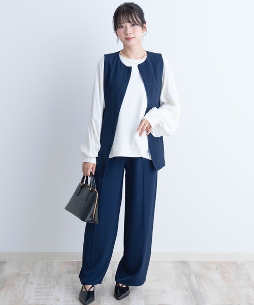 セール】ペプラムジレ×センタープレスワイドパンツ セットアップ