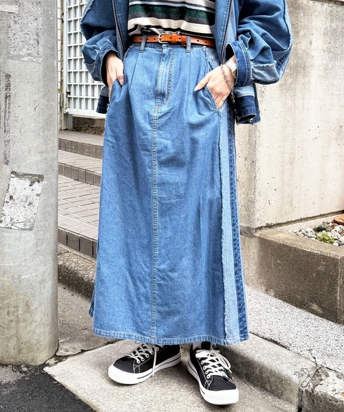 DOUBLE NAME（ダブルネーム）の「デニム切替トラックスカート（デニムスカート・レディース・サックスブルー/インディゴブルー・FREE）」の2枚目の写真