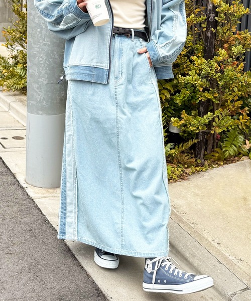 DOUBLE NAME（ダブルネーム）の「デニム切替トラックスカート（デニムスカート・レディース・サックスブルー/インディゴブルー・FREE）」の3枚目の写真