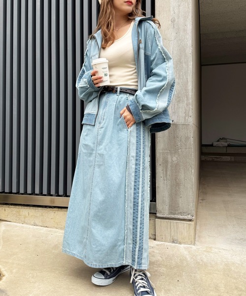 DOUBLE NAME（ダブルネーム）の「デニム切替トラックスカート（デニムスカート・レディース・サックスブルー/インディゴブルー・FREE）」の4枚目の写真