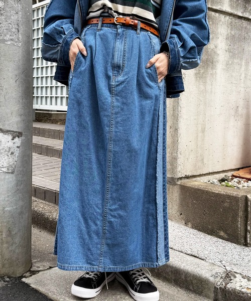 DOUBLE NAME（ダブルネーム）の「デニム切替トラックスカート（デニムスカート・レディース・サックスブルー/インディゴブルー・FREE）」の7枚目の写真