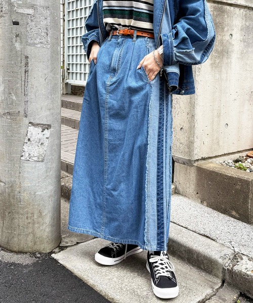 DOUBLE NAME（ダブルネーム）の「デニム切替トラックスカート（デニムスカート・レディース・サックスブルー/インディゴブルー・FREE）」の8枚目の写真