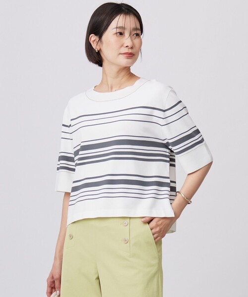 J.PRESS Ladies(J.プレス レディス)の「【洗える】RAYON ELITE STRETCH ボーダー ニットT(ニット/セーター・レディース・ベージュ系1/ホワイト系1/サックスブルー系1・SMALL)」の3枚目の写真