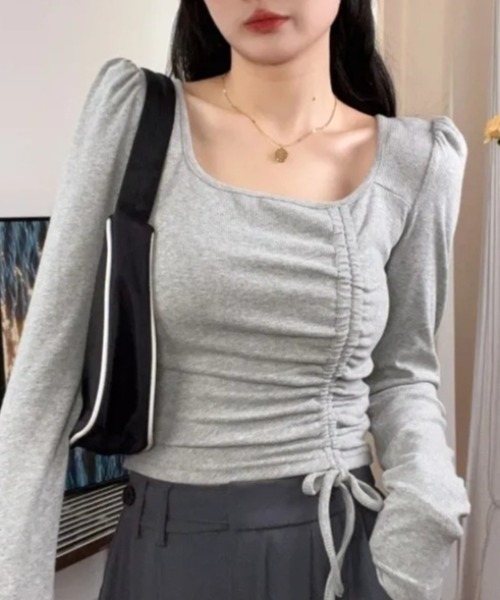 Vipoa(ヴィポア)の「ギャザースリムトップス(Tシャツ/カットソー・レディース・グリーン/ブラウン/ホワイト/ブラック/グレー・FREE)」の17枚目の写真