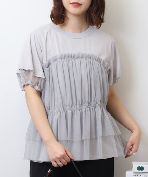 Anna Nicola（アンナニコラ）の「Anna Nicola チュールビスチェレイヤード風半袖カットソー（Tシャツ/カットソー・レディース・ブラック/オフホワイト/シルバーグレー・38）」の3枚目の写真