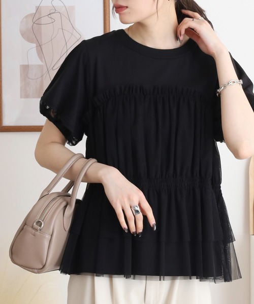 Anna Nicola（アンナニコラ）の「Anna Nicola チュールビスチェレイヤード風半袖カットソー（Tシャツ/カットソー・レディース・ブラック/オフホワイト/シルバーグレー・38）」の2枚目の写真