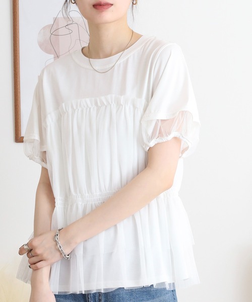 Anna Nicola（アンナニコラ）の「Anna Nicola チュールビスチェレイヤード風半袖カットソー（Tシャツ/カットソー・レディース・ブラック/オフホワイト/シルバーグレー・38）」の5枚目の写真