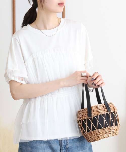 Anna Nicola（アンナニコラ）の「Anna Nicola チュールビスチェレイヤード風半袖カットソー（Tシャツ/カットソー・レディース・ブラック/オフホワイト/シルバーグレー・38）」の6枚目の写真