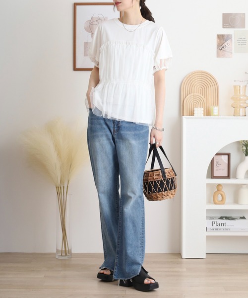 Anna Nicola（アンナニコラ）の「Anna Nicola チュールビスチェレイヤード風半袖カットソー（Tシャツ/カットソー・レディース・ブラック/オフホワイト/シルバーグレー・38）」の7枚目の写真