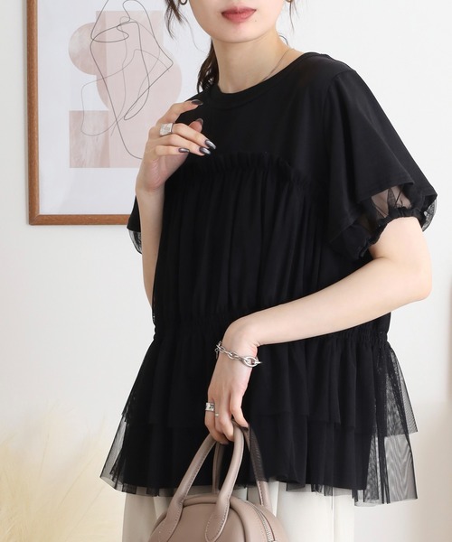 Anna Nicola（アンナニコラ）の「Anna Nicola チュールビスチェレイヤード風半袖カットソー（Tシャツ/カットソー・レディース・ブラック/オフホワイト/シルバーグレー・38）」の8枚目の写真