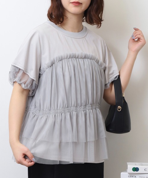 Anna Nicola（アンナニコラ）の「Anna Nicola チュールビスチェレイヤード風半袖カットソー（Tシャツ/カットソー・レディース・ブラック/オフホワイト/シルバーグレー・38）」の14枚目の写真