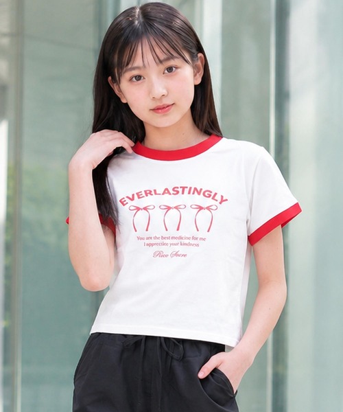 RiCO SUCRE(リコシュクレ)の「リボンプリントリンガーTシャツ(Tシャツ/カットソー・キッズ・ピンク/オフホワイト/サックスブルー/ブラック・140/150/160/130/165)」の2枚目の写真
