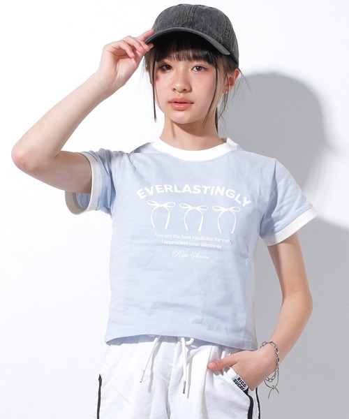 RiCO SUCRE(リコシュクレ)の「リボンプリントリンガーTシャツ(Tシャツ/カットソー・キッズ・ピンク/オフホワイト/サックスブルー/ブラック・140/150/160/130/165)」の4枚目の写真
