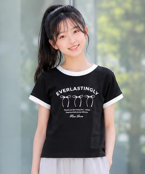 RiCO SUCRE(リコシュクレ)の「リボンプリントリンガーTシャツ(Tシャツ/カットソー・キッズ・ピンク/オフホワイト/サックスブルー/ブラック・140/150/160/130/165)」の3枚目の写真