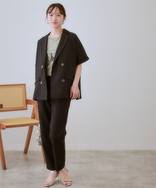 nissen（ニッセン）の「麻調合繊ハーフスリーブジャケット（セットアップ対応）（テーラードジャケット・レディース・グレー/ブラック・S/M/L/LL）」の4枚目の写真