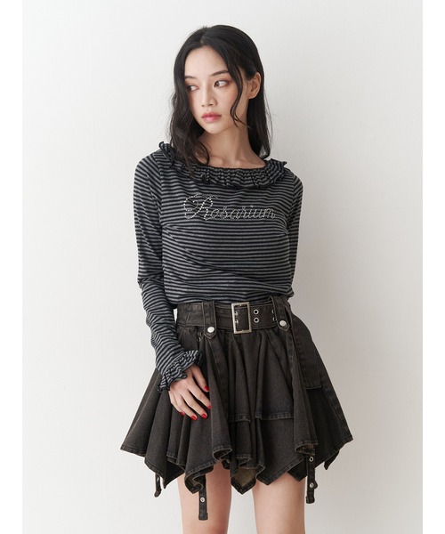 アシメヘムデニムミニスカート【セットアップ対応】（デニムスカート