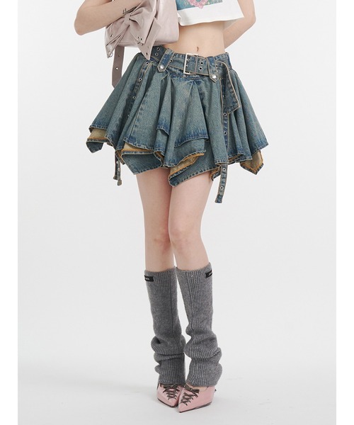 セール】アシメヘムデニムミニスカート【セットアップ対応】（デニム