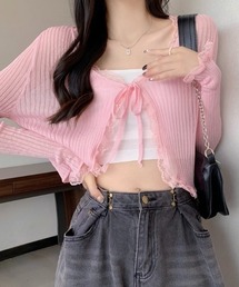 ドゥロワーリブ編みピンクカーディガン リフ Riff ダブルジップリブニット カーディガン 襟付き カラー