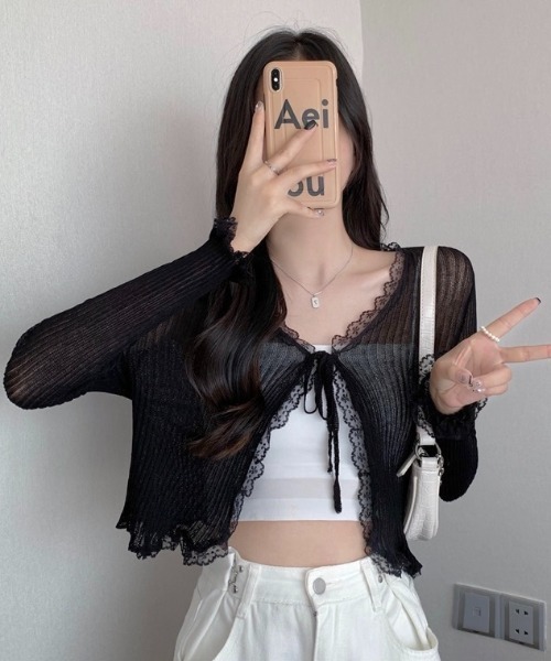 LADY LIKE(レディライク)の「レース付きリブ編みシアーカーディガン(カーディガン/ボレロ・レディース・ブラック/ホワイト/ピンク・M)」の10枚目の写真
