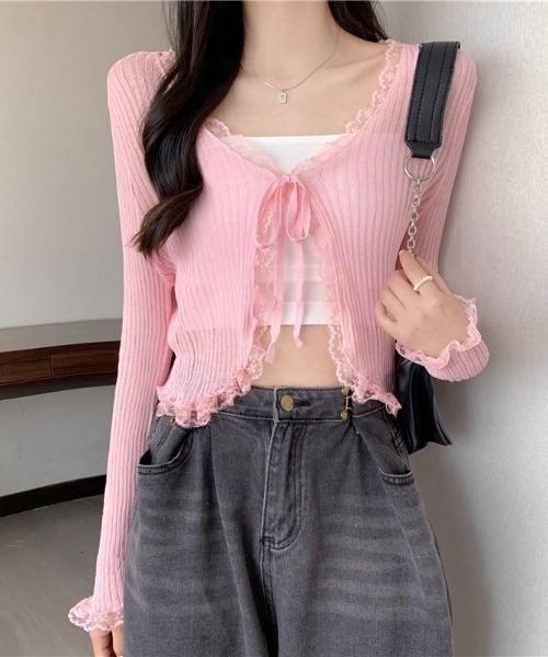 セール】【春夏新作】レース付きリブ編みシアーカーディガン