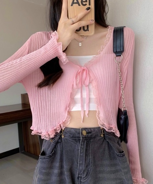 LADY LIKE(レディライク)の「レース付きリブ編みシアーカーディガン(カーディガン/ボレロ・レディース・ブラック/ホワイト/ピンク・M)」の14枚目の写真