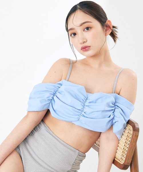 CELEN（セレン）の「【swimwear/体型カバー】ボリュームフレアビキニ オフショルダートップス・パンツ 2点セット（水着・レディース・ホワイト×ブラック/ブルーグレー/ブラック×ブラック・FREE）」の3枚目の写真