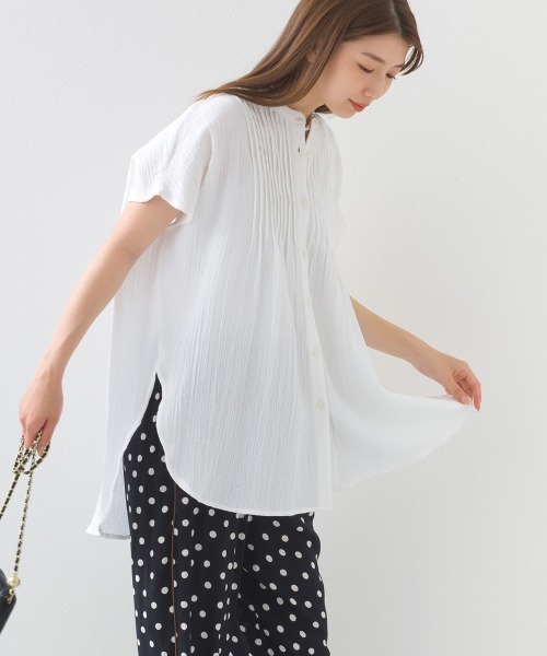 OMNES（オムネス）の「ダブルガーゼピンタックフレンチスリーブシャツ（シャツ/ブラウス・レディース・ネイビー系/ホワイト/ブラック/ライム・FREE）」の9枚目の写真