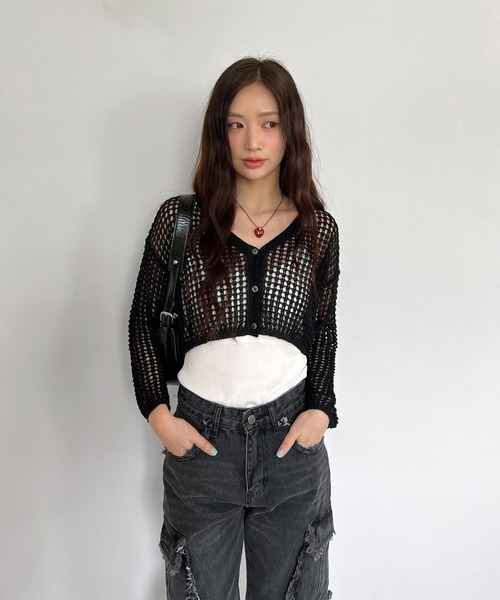 by muni:r(バイ ムニール)の「クロップメッシュニットカーディガン(カーディガン/ボレロ・レディース・アイボリー/ブラック・FREE)」の11枚目の写真