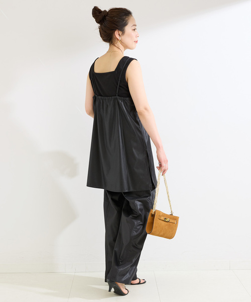 Simplicite（サンプリシテ）の「《2点セット》手洗い可 / チンツ加工ロングキャミソール / パンツセット（つなぎ/オールインワン・レディース・ブラック/ベージュ・FREE）」の4枚目の写真