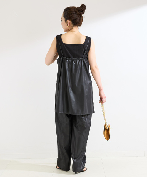 Simplicite（サンプリシテ）の「《2点セット》手洗い可 / チンツ加工ロングキャミソール / パンツセット（つなぎ/オールインワン・レディース・ブラック/ベージュ・FREE）」の6枚目の写真