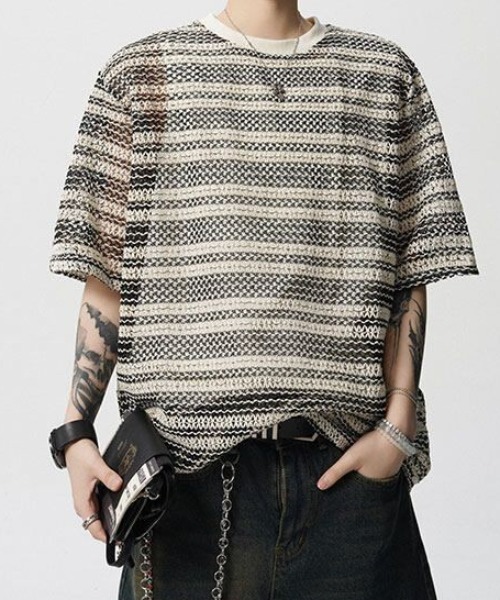Theater code(シアターコード)の「Openwork Knit T-Shirt / 総柄 透かし編みニットTシャツ(Tシャツ/カットソー・レディース・ブラック/アイボリー・L/M)」の2枚目の写真