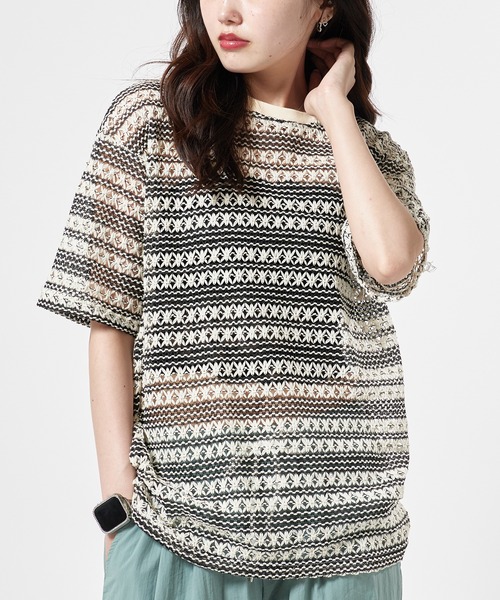 Theater code(シアターコード)の「Openwork Knit T-Shirt / 総柄 透かし編みニットTシャツ(Tシャツ/カットソー・レディース・ブラック/アイボリー・L/M)」の8枚目の写真