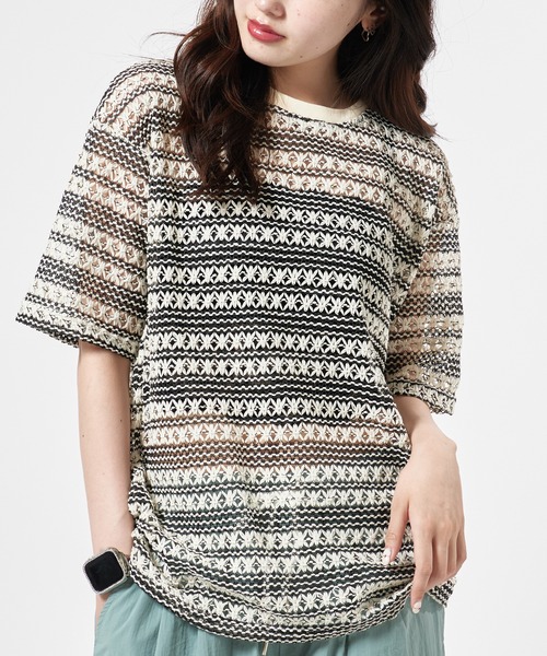 Theater code(シアターコード)の「Openwork Knit T-Shirt / 総柄 透かし編みニットTシャツ(Tシャツ/カットソー・レディース・ブラック/アイボリー・L/M)」の9枚目の写真