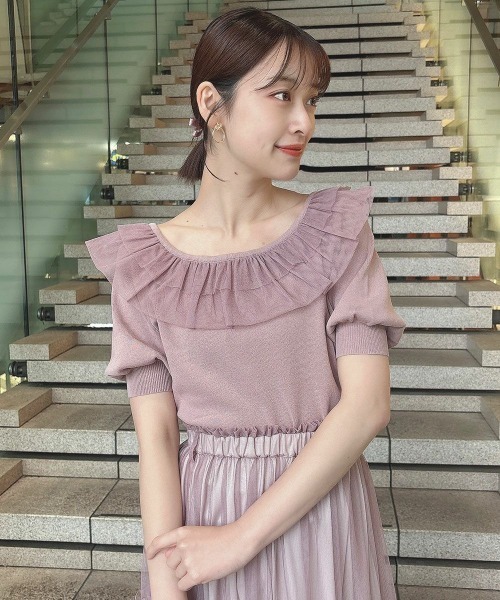 F i.n.t（フィント）の「【接触冷感、マシンウォッシャブル可】チュールフリル５分袖ニットプルオーバー（ニット/セーター・レディース・ブルーグレー/アイボリー/ピンク・FREE）」の3枚目の写真