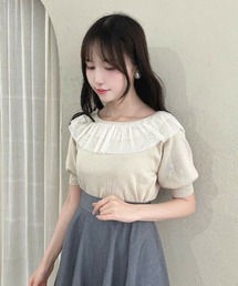 F i.n.t | 【接触冷感、マシンウォッシャブル可】チュールフリル5分袖ニットプルオーバー(ニット/セーター)