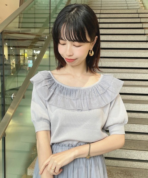 F i.n.t（フィント）の「【接触冷感、マシンウォッシャブル可】チュールフリル５分袖ニットプルオーバー（ニット/セーター・レディース・ブルーグレー/アイボリー/ピンク・FREE）」の2枚目の写真