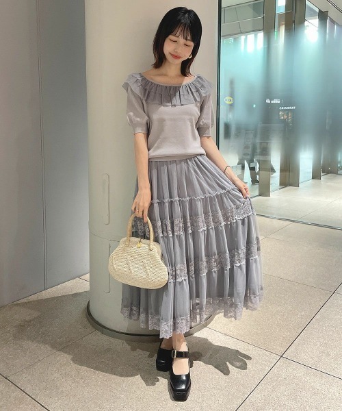 F i.n.t（フィント）の「【接触冷感、マシンウォッシャブル可】チュールフリル５分袖ニットプルオーバー（ニット/セーター・レディース・ブルーグレー/アイボリー/ピンク・FREE）」の5枚目の写真