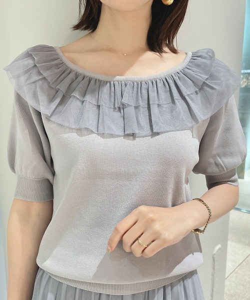 F i.n.t（フィント）の「【接触冷感、マシンウォッシャブル可】チュールフリル５分袖ニットプルオーバー（ニット/セーター・レディース・ブルーグレー/アイボリー/ピンク・FREE）」の6枚目の写真