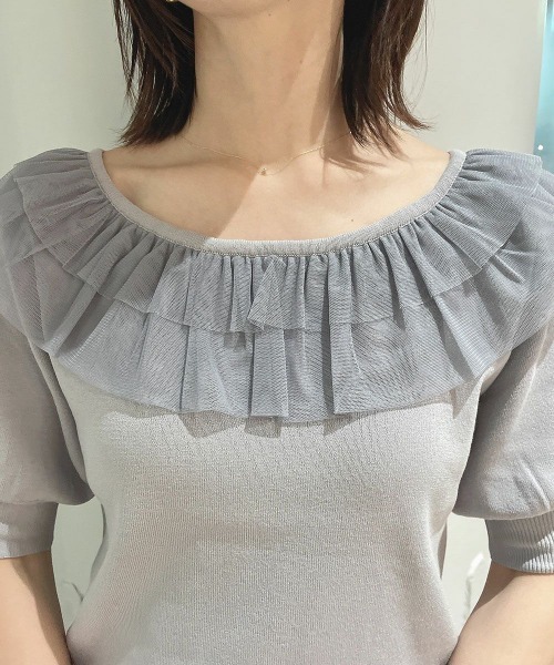 F i.n.t（フィント）の「【接触冷感、マシンウォッシャブル可】チュールフリル５分袖ニットプルオーバー（ニット/セーター・レディース・ブルーグレー/アイボリー/ピンク・FREE）」の8枚目の写真