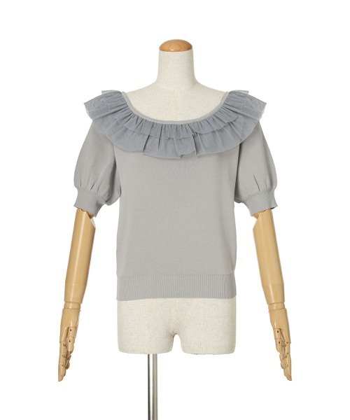 F i.n.t（フィント）の「【接触冷感、マシンウォッシャブル可】チュールフリル５分袖ニットプルオーバー（ニット/セーター・レディース・ブルーグレー/アイボリー/ピンク・FREE）」の12枚目の写真