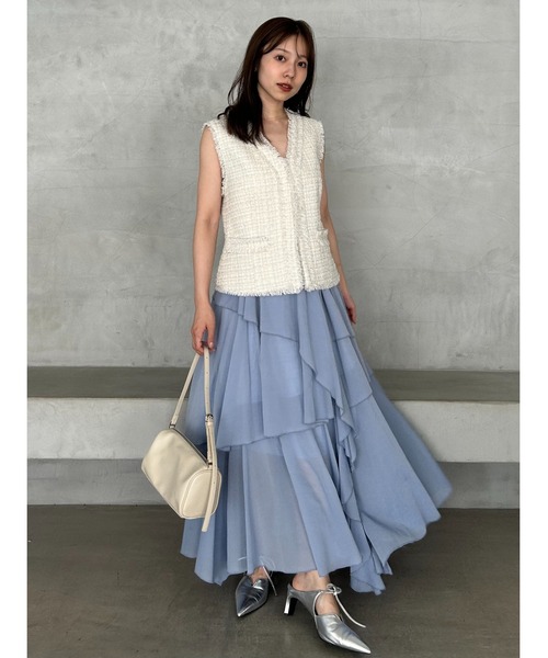 【美品】フレイアイディー オーバー ラップ スリット スカート アシメ りぼん アシメフレアスリットティアードスカート（スカート）｜FRAY I.D