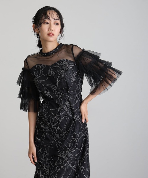 atlo(アトロ)の「七分袖&ミモレ丈 同窓会 成人式 ティアード スリーブフラワー 刺繍Iライン フリル チュール お呼ばれ 結婚式 二次会 フォーマル オケージョンドレス パーティー ドレス 謝恩会 20代 30代(ドレス・レディース・ベージュ/ブラック/イエロー/チャコールグレー・S/L/M)」の6枚目の写真