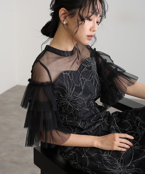 atlo(アトロ)の「七分袖&ミモレ丈 同窓会 成人式 ティアード スリーブフラワー 刺繍Iライン フリル チュール お呼ばれ 結婚式 二次会 フォーマル オケージョンドレス パーティー ドレス 謝恩会 20代 30代(ドレス・レディース・ベージュ/ブラック/イエロー/チャコールグレー・S/L/M)」の7枚目の写真